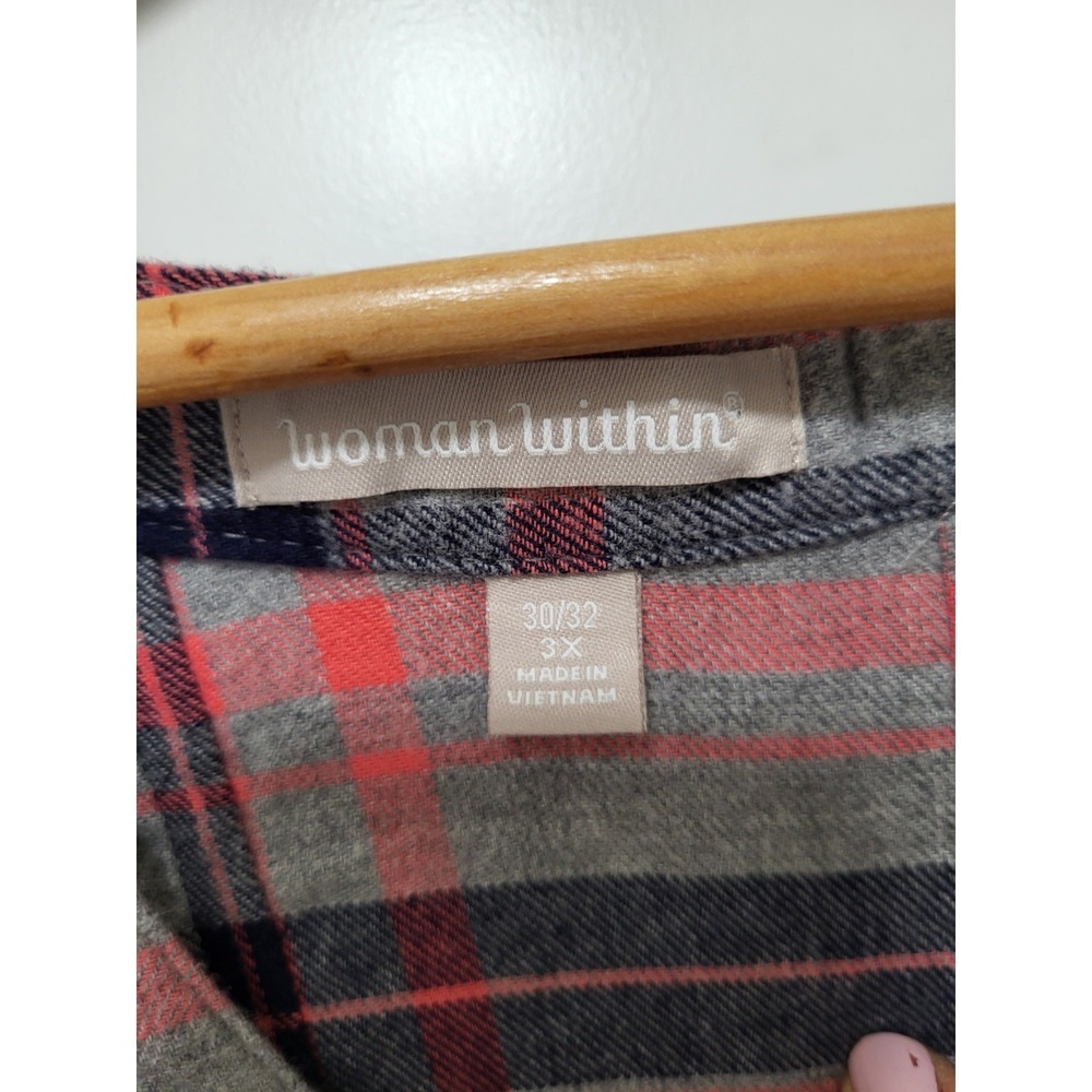 Gray Plaid Collarless Button Up Relaxed Fit Top Woman Within 3X - Picture 5 of 7